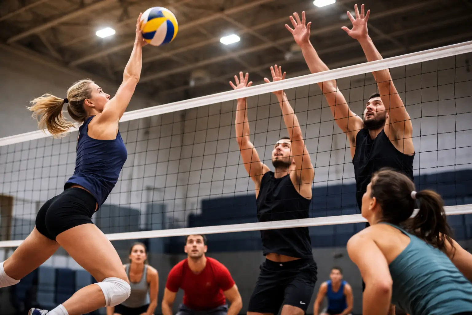 Players reaching for the ball during a volleyball rally